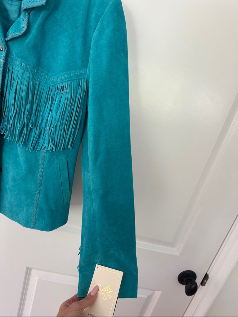Scully Teal Suede Leather Fringe Western Jacket - Picture 8 of 16
